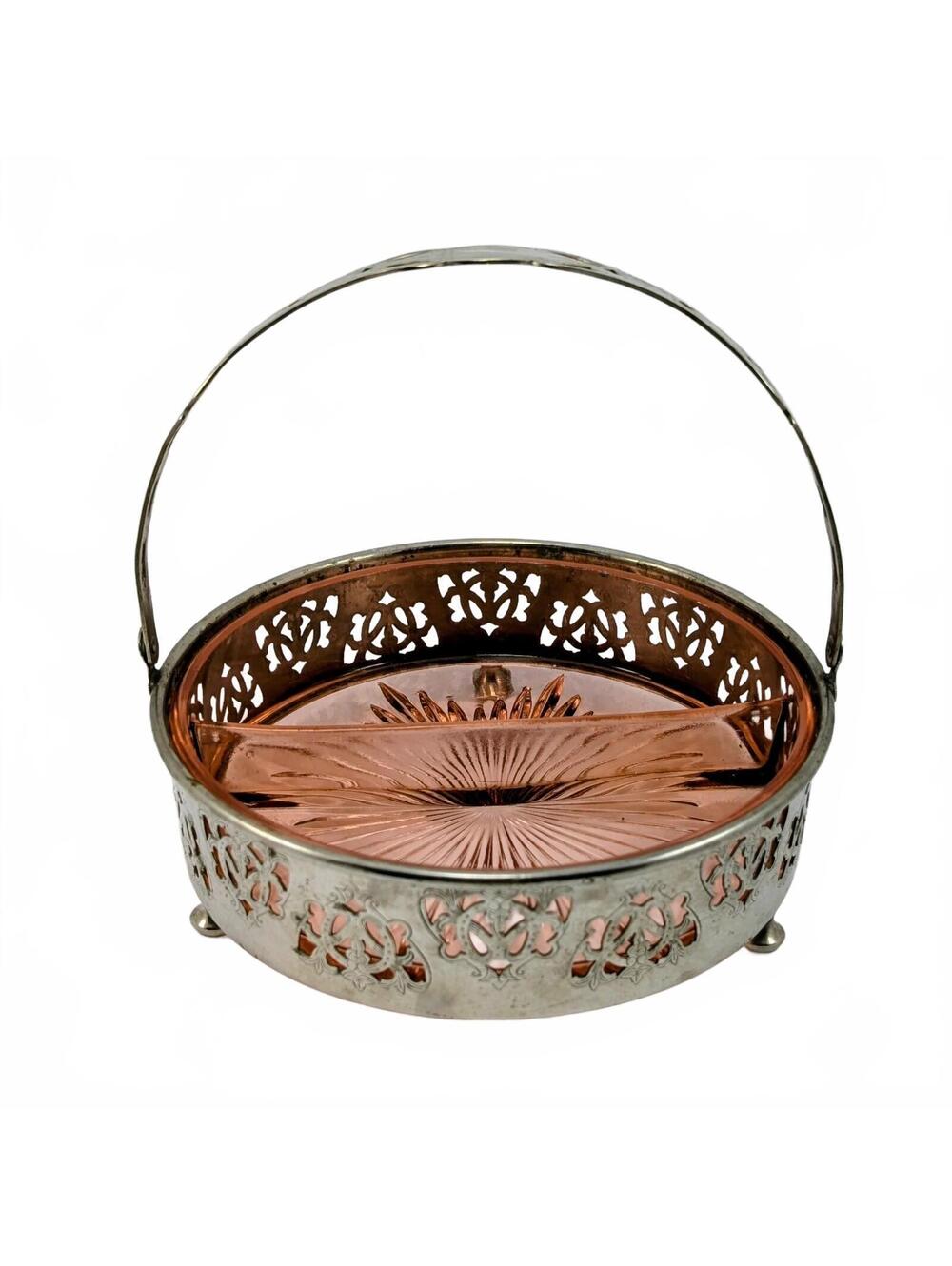 1930s Pink Depression Glass Relish Dish & Forman Bros Metal Basket